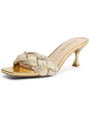 DREAM PAIRS Women's Gold Rhinestone Faux Leather  Open Toe Low Kitten Prom Heels